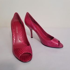 Red Faux Snakeskin Open Toe Heels